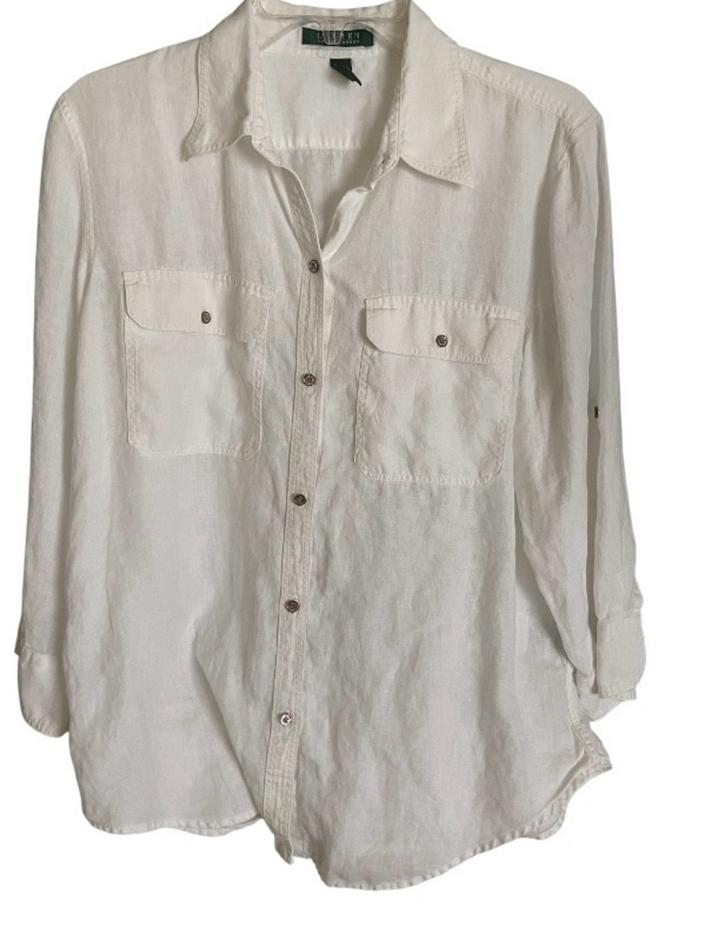 Lauren Ralph Lauren White 100% Linen Button Shirt size L roll up 3/4 sleeves